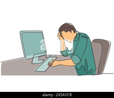Un unico disegno continuo di un giovane uomo d'affari stanco si sente vertiginoso mentre lavora in ufficio. Fatica del lavoro dopo sovraccarico. Alla moda Illustrazione Vettoriale