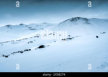 Gruppo di turisti in motoslitta sulla cima innevata del ghiacciaio dell'Islanda Foto Stock