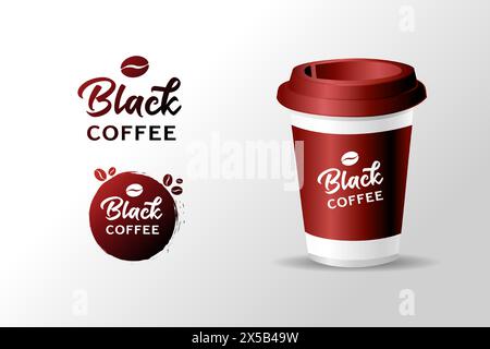 Logo creativo Black Coffee con tazza da caffè 3D. Tazza realistica di carta da stampa con coperchio in plastica, tazza da asporto per il caffè. Vettore Illustrazione Vettoriale