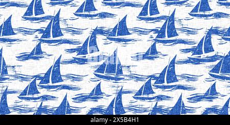 Barca a vela costiera in azzurro sfondo blu del confine. Moderna stampa a blocchi per barche a vela per tessuti decorativi per interni Coast Foto Stock