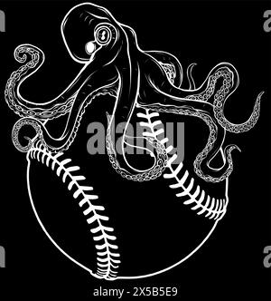 silhouette bianca di polpo sulla palla da baseball su sfondo nero disegno vettoriale Illustrazione Vettoriale