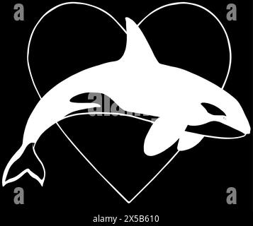 silhouette bianca di balena assassina con cuori isolati su sfondo nero Illustrazione Vettoriale