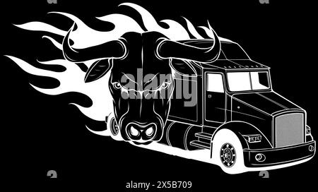 silhouette bianca di un camion americano con toro e fiamme su sfondo nero disegno vettoriale Illustrazione Vettoriale