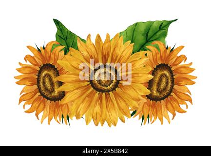 Bouquet di girasoli di acquerello, composizione floreale, composizione di fiori gialli. Illustrazione botanica disegnata a mano. Fiori d'estate che disegnano fiori d'autunno Foto Stock