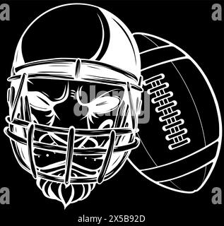 silhouette bianca della testa di leone con casco da calcio e illustrazione vettoriale su sfondo nero Illustrazione Vettoriale