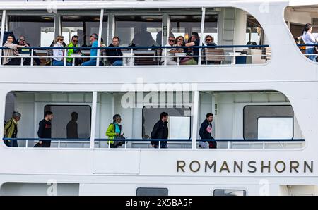 Autofähre Romanshorn die Autofähre Romanshorn kommt aus Friedrichshafen und steuert den Hafen Romanshorn AN. Romanshorn, Schweiz, 21.05.2023 *** Romanshorn il traghetto Romanshorn arriva da Friedrichshafen e si dirige verso il porto di Romanshorn Romanshorn, Svizzera, 21 05 2023 Foto Stock