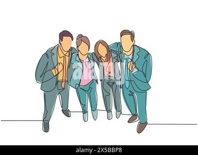 Un disegno continuo di giovani dipendenti maschi e femmine felici che si mettono insieme e si mettono in posa per abbracciarsi a vicenda in ufficio. Truffa di amicizia d'affari Illustrazione Vettoriale