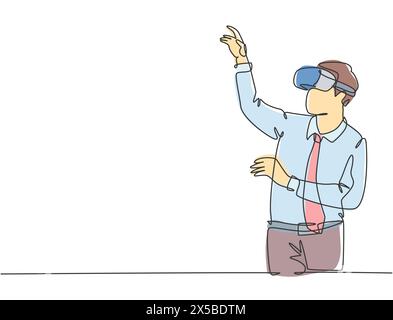 Un disegno continuo di linea di giovane uomo d'affari felice che finge di toccare il pulsante mentre indossa il casco di realtà virtuale. Moderno gioco futuristico video c Illustrazione Vettoriale