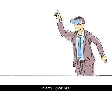Un disegno continuo di linea di giovane uomo d'affari felice che finge di toccare il pulsante mentre indossa il casco di realtà virtuale. Moderno gioco futuristico video c Illustrazione Vettoriale