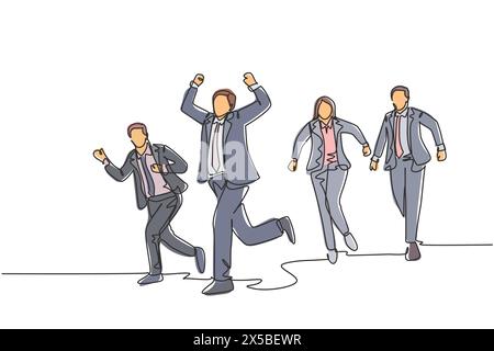 Un disegno a linea singola di un gruppo di lavoratori maschi e femmine che fanno gara sprint sulla linea di arrivo trasversale della pista stradale. Concorrenza di corsa di affari concep Illustrazione Vettoriale