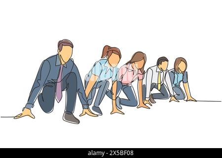 Un singolo gruppo di disegno linea di businessman e businesswoman si preparano sulla linea di partenza per fare la corsa di sprint. Concetto di competizione aziendale continua Illustrazione Vettoriale