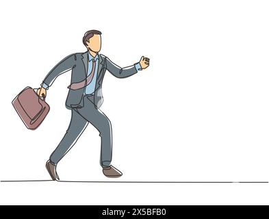 Singolo disegno continuo su linea singola di giovani lavoratori urbani che corrono in fretta in città per arrivare in ufficio in tempo. Concep. Gara d'affari Illustrazione Vettoriale