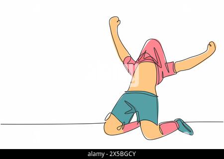 Un disegno in linea di giovane giocatore di calcio copre la testa utilizzando la maglia che celebra il suo goal sul campo. Concep. Celebrazione obiettivo partita Illustrazione Vettoriale