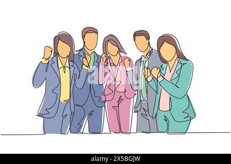 Un gruppo continuo di disegno linea di businessman e businesswoman allineano ordinatamente e pugno le mani insieme. Business lavoro di squadra celebrazione concetto singl Illustrazione Vettoriale