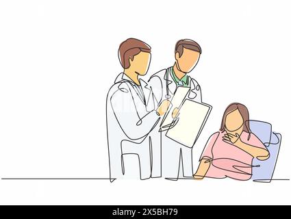Un disegno della linea singola del medico giovane del maschio che mostra il rapporto positivo di progresso di salute alla paziente della signora anziana che stendendo a letto. Concetto di trattamento medico Illustrazione Vettoriale