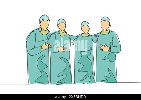 Singolo gruppo continuo di disegno a linea singola di medici chirurgo in piedi e posando dopo l'intervento chirurgico in ospedale. Trattamento medico conc Illustrazione Vettoriale