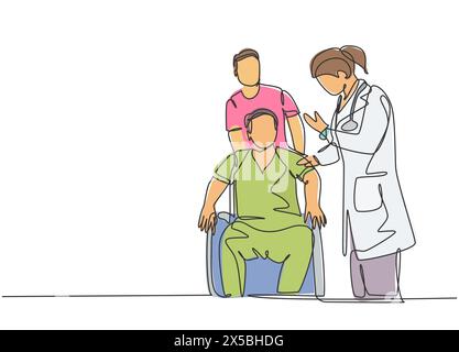 Un disegno continuo su una linea di una giovane dottore femminile che dà una sessione di consultazione alla paziente su sedia a rotelle. Cure mediche ecc Illustrazione Vettoriale