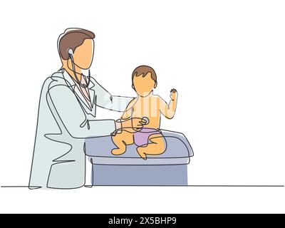 Disegno a linea singola continua di un medico pediatrico giovane di sesso maschile che esamina il battito cardiaco cute del bambino con stetoscopio. Cure mediche Illustrazione Vettoriale