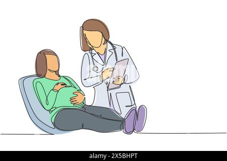 Un disegno a linea singola di medico di ostetricia e ginecologia femminile che parla con il paziente e spiega la condizione dell'utero. Concetto di assistenza sanitaria incinta con Illustrazione Vettoriale
