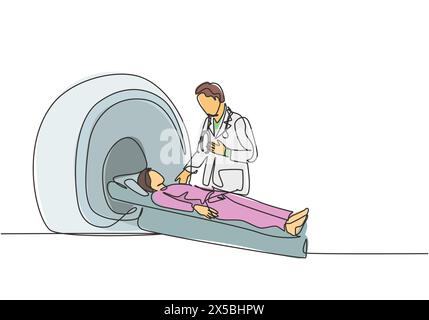 Un disegno continuo del giovane medico di sesso maschile esegue la procedura di risonanza magnetica per la scansione TC di pazienti con cancro di sesso maschile. Concetto di servizio di trattamento medico a linea singola dr Illustrazione Vettoriale