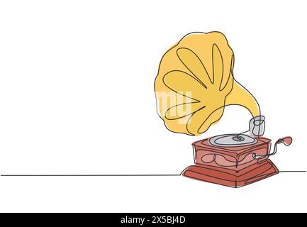 Disegno a linea singola continua di vecchio gramophone in vinile analogico retro con scrivania circolare in legno. Concetto di lettore musicale classico vintage. Strumento musicale Illustrazione Vettoriale