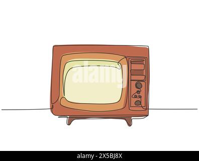 Un disegno a linea singola di tv vecchio stile retrò con cornice in legno. Antica televisione analogica vintage design a linea continua grafica grafica vettoriale Illustrazione Vettoriale
