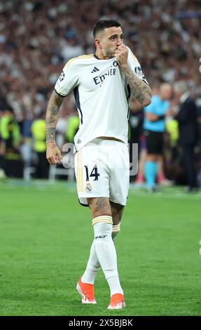 Joselu del Real Madrid festeggia il suo primo gol durante la semifinale di UEFA Champions League, partita di andata e ritorno al Santiago Bernabeu di Madrid. Data foto: Mercoledì 8 maggio 2024. Foto Stock