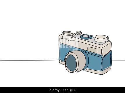 Un disegno a linea continua di una vecchia fotocamera tascabile analogica vintage, vista laterale. Design grafico a linea singola con attrezzatura fotografica classica retrò Illustrazione Vettoriale