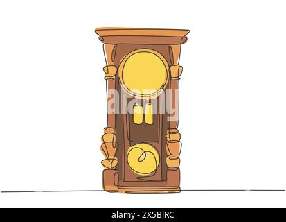 Un disegno a linea singola di vecchio orologio da parete in legno retrò. Design grafico a linea continua con disegno vettoriale vintage con segnatempo antico Illustrazione Vettoriale