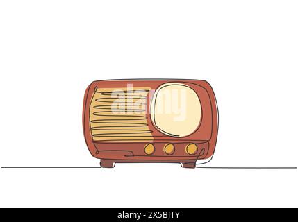 Un disegno continuo del vecchio lettore radio classico retrò. Speaker audio analogico vintage, design a linea singola con design grafico vettoriale Illustrazione Vettoriale