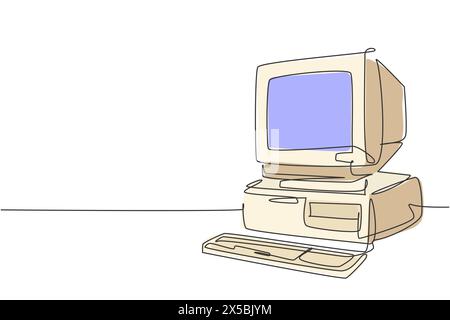 Disegno a linea singola continua di un vecchio e classico processore per personal computer. cpu vintage con monitor analogico e tastiera Concept One li Illustrazione Vettoriale