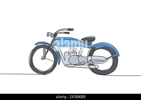 Un disegno a linea singola di una vecchia motocicletta d'epoca retrò. Illustrazione grafica vettoriale del design del disegno a linea continua del concetto di trasporto di moto d'epoca Illustrazione Vettoriale