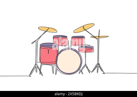 Un disegno a linea singola del set di fascette per tamburi. Concetto di strumenti musicali a percussione. Illustrazione vettoriale grafica trendy con disegno a linea continua Illustrazione Vettoriale