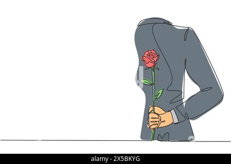 Un disegno su una sola linea di un giovane uomo felice che nasconde bellissimi fiori di rosa come regalo sulla schiena. Biglietto d'auguri, invito, logo, banner, poster Illustrazione Vettoriale