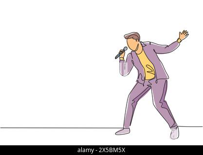 Singolo disegno continuo di giovane cantante pop maschile felice con microfono e canto sul palco di concerti musicali. Artista musicista alla moda Illustrazione Vettoriale