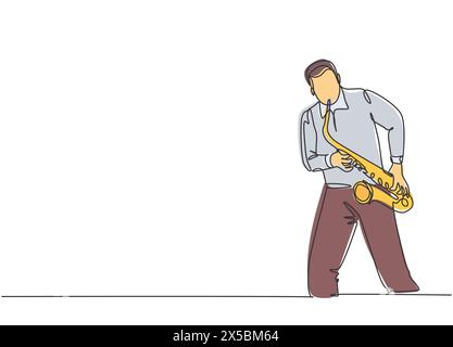 Un disegno continuo di un giovane sassofonista maschio felice che si esibisce per suonare il sassofono in un concerto musicale. Musicista artista Concept single Illustrazione Vettoriale