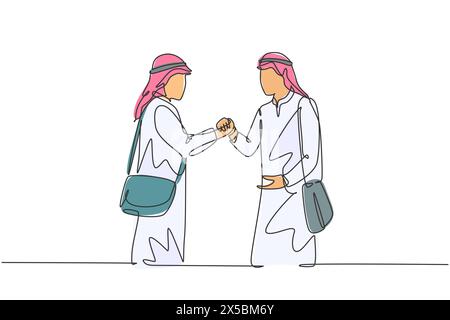 Un disegno unico e continuo di giovani musulmani agganciano le loro mani insieme per celebrare il successo. Uomini d'affari arabi del medio Oriente con kandura, sciabola, accappatoio Illustrazione Vettoriale
