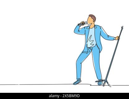 Disegno su una linea continua di giovane cantante pop felice che tiene il microfono e canta sul palco del festival musicale. Musicista artista performance conc Illustrazione Vettoriale