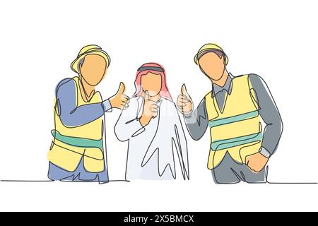 Un disegno continuo di un giovane uomo d'affari musulmano e di un imprenditore edile che cede i pollici insieme. Shemag di abbigliamento islamico, kandura, sciarpa kef Illustrazione Vettoriale