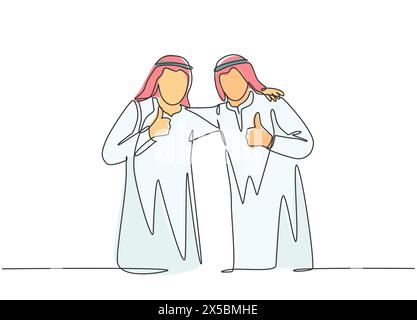 Un disegno di linea singola di giovane uomo d'affari musulmano felice che dà i pollici sui gesti con il collega. Arabia Saudita panno shmag, kandora, foulard, thobe Illustrazione Vettoriale