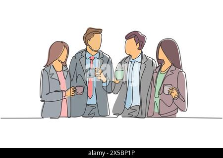 Un'unica linea di disegno di giovani impiegati maschili e femminili discutono insieme mentre il tempo di rottura dell'ufficio. Concetto di business talk. Linea continua Illustrazione Vettoriale