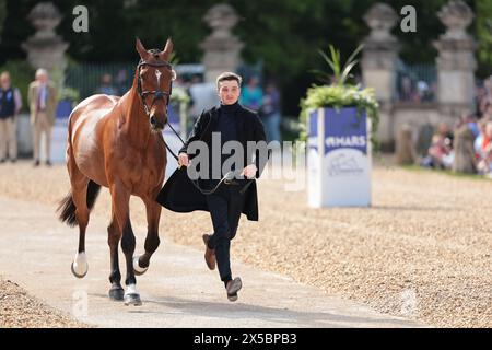 Tom Jackson della Gran Bretagna con Farndon durante la prima ispezione di cavalli a Badminton Horse Trials l'8 maggio 2024, Badminton Estate, Regno Unito (foto di Maxime David - MXIMD Pictures) Foto Stock