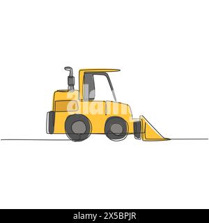 Un disegno a linea singola del bulldozer per riparazione stradale, illustrazione vettoriale dei veicoli commerciali aziendali. Macchine con retroescavatore pesante costruzione di veicoli c Illustrazione Vettoriale