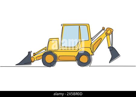 Un disegno in linea continuo del bulldozer per lo scavo del terreno e il livellamento della strada. Concetto di attrezzatura per dumper da costruzione con retroescavatore pesante. Singolo dinamico l Illustrazione Vettoriale