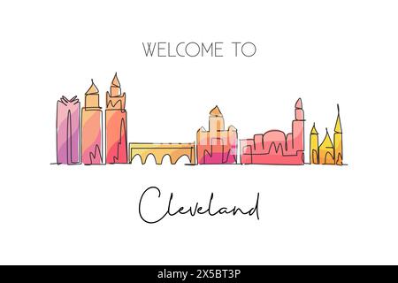 Una linea continua che traccia lo skyline di Cleveland, Ohio. Splendido punto di riferimento. Mondo paesaggio turismo viaggio casa decorazione parete poster stampa arte. Styl Illustrazione Vettoriale