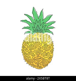 Una sola linea per estrarre frutta di ananas. Frutta estiva per uno stile di vita sano. Frutta tropicale esotica e deliziosa. Arriccia i capelli. Moderno e continuo Illustrazione Vettoriale