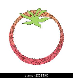 Una sola linea disegnando pomodoro biologico intero sano per l'agricoltura logo identità. Verdure tropicali fresche per il giardino vegie icona. Ruotare il cerchio di arricciamento all'indietro Illustrazione Vettoriale