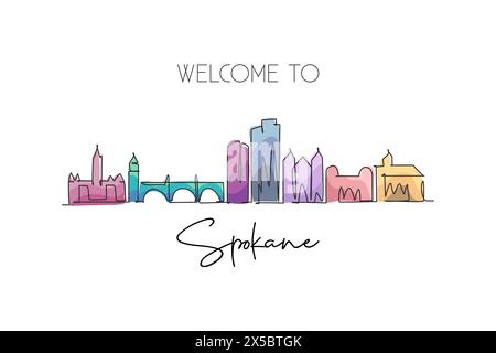 Disegno a linea singola continua dello skyline di Spokane, Washington. Famoso paesaggio di scraper. Arredamento da parete, stampa di poster artistici. M Illustrazione Vettoriale