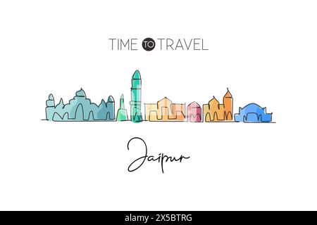 Un disegno continuo dello skyline della città di Jaipur, India. Splendido punto di riferimento. Mondo paesaggio turismo viaggio casa decorazione parete poster stampa arte. Stylis Illustrazione Vettoriale