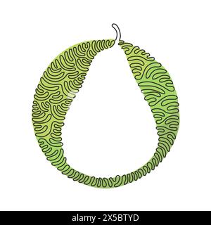 Una sola linea che disegna tutta la pera biologica sana per il logo del frutteto. Frutta fresca estiva per un'icona del giardino della frutta. Stile di sfondo cerchio arricciatura a turbolenza. Illustrazione Vettoriale